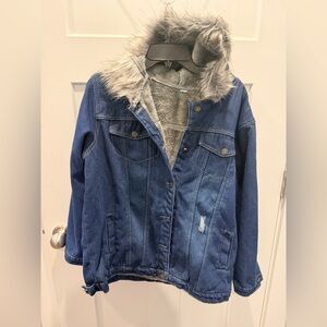 Sherpa Lined Denim Jean Jacket Faux Fur Hood Medium Wash Blue Women’s